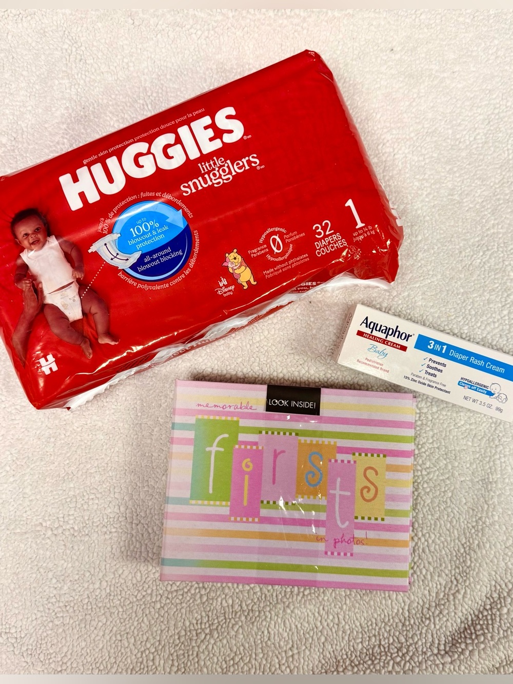 Baby Firsts Photo Album Bundle with Huggies Diapers + Aquaphor Diaper Cream